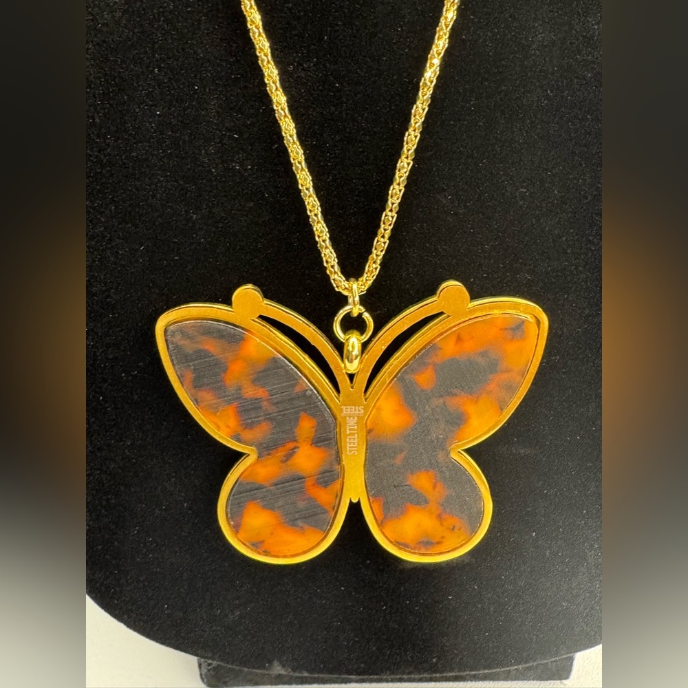 Butterfly pendant necklace tortoise rhinestones - Picture 11 of 11